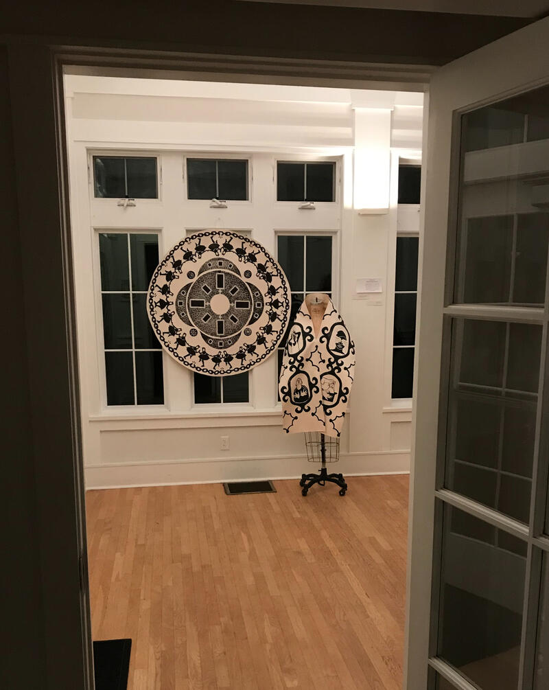 &quot;O Happy Day&quot; Installation View Also shown,&quot;Hands&quot; Stole,2022 Printed Linocut on Canvas 90 x 14 in