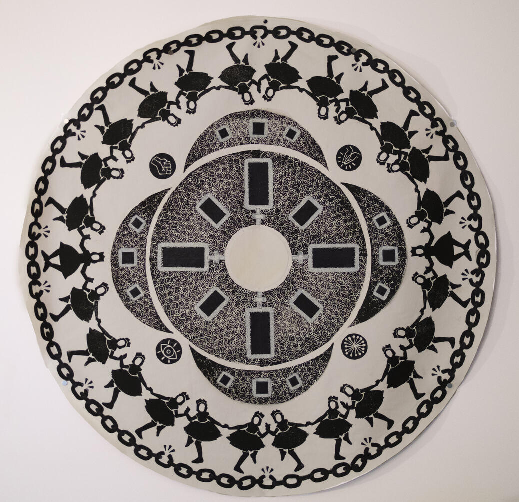 "O Happy Day" Vestment, 2022 Printed Linocut Collage Canvas 46 in diameter
