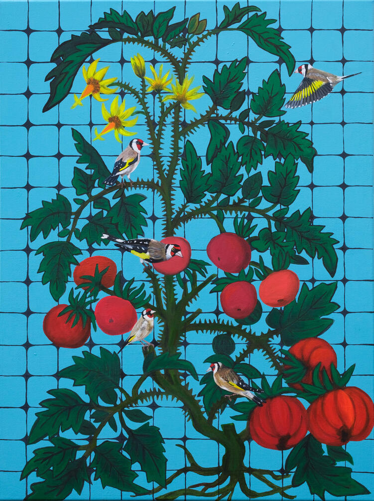 &quot;Charmed Tomatoes&quot;, 2025 Acrylic on Canvas 40 x 30 x 2 in
